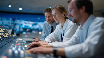A diverse team of engineers and scientists monitoring advanced nuclear power plant control panels in a modern facility symbolizing clean energy technology safety teamwork
