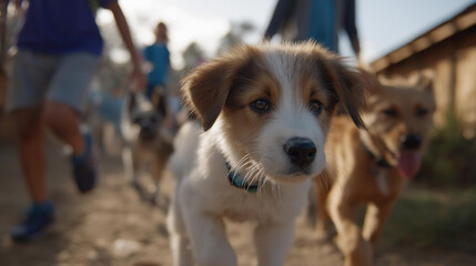 Children and adults visiting an animal rescue center to meet dogs and cats available for adoption representing community involvement responsible pet ownership animal rights fam