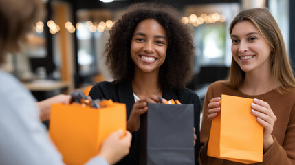A cheerful multicultural office team exchanging Halloween candy bags in a decorated coworking space representing teamwork inclusion holiday fun workplace culture employee bond