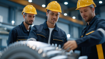 Engineers and technicians repairing and upgrading nuclear power equipment inside a modern industrial facility showing teamwork safety innovation and clean energy reliability.