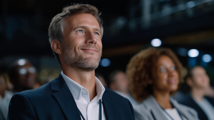 A group of global investors attending a seminar on the role of Chinese IT in international markets representing finance innovation corporate culture and global progress. three