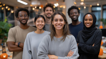 A cheerful team of multicultural employees posing for a Halloween group photo in a decorated office space with costumes pumpkins lanterns and cobwebs capturing workplace divers