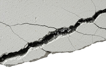 Macro shot of brittle white plaster with an obsidian-black jagged crack revealing sparkling crystalline fragments, high contrast raking light, transparent background, concept of structural decay