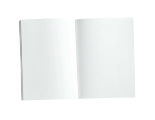 An open book on a black background, showing clean white pages ready for text or artwork