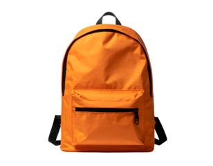 Bright orange backpack with a front pocket, black zippers, and straps against a black backdrop