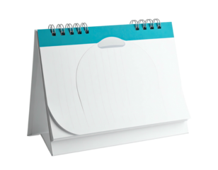 A blank, teal and white, desk calendar open, with its spiral spine and blank pages