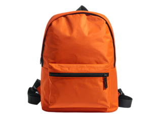 Bright orange backpack with a front pocket and black zippers, displayed against a dark background
