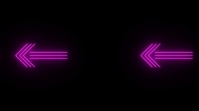 Neon glowing left-pointing arrows animation on black background.