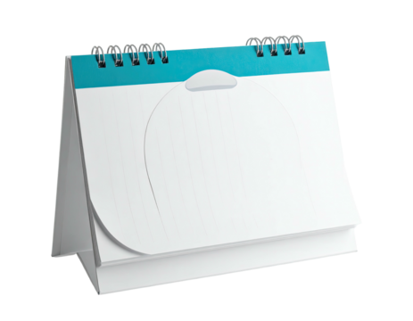 A blank, teal and white, desk calendar open, with its spiral spine and blank pages