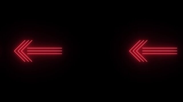 Neon glowing left-pointing arrows animation on black background.
