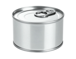 A cylindrical, shiny metal container with a pull-tab lid, presented on a black background