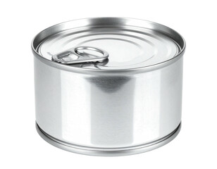 Shiny, round, metallic container, closed with a pull-tab, isolated on a dark background
