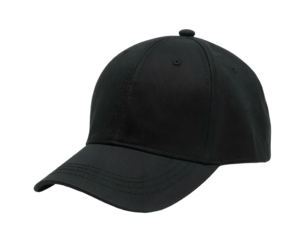 Solid black baseball cap, centered, isolated on black background, showcasing its shape and detail