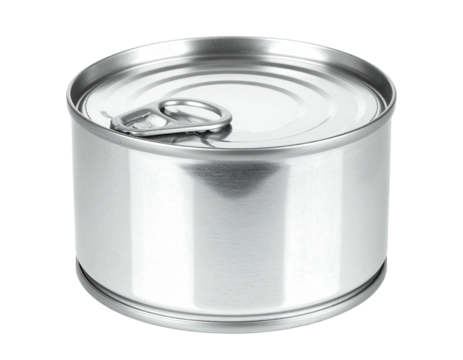Shiny, round, metallic container, closed with a pull-tab, isolated on a dark background
