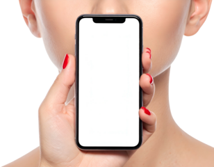 Person holding up blank screen smartphone, revealing part of their face, against white background