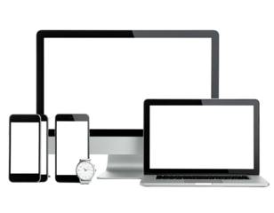 Group of digital devices showcasing blank screens, arranged for a clean presentation