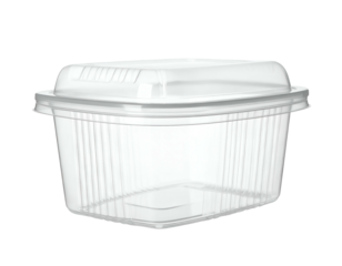 Clear, rectangular, lidded plastic container on black background, designed for food storage