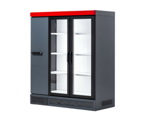 A tall, gray commercial refrigerator with glass doors and red top detail