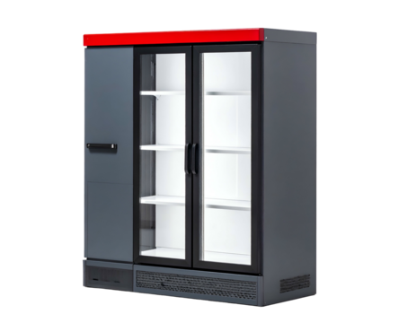 A tall, gray commercial refrigerator with glass doors and red top detail