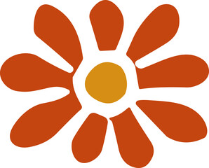 A simple retro-style orange daisy with eight rounded petals and a warm yellow center in flat minimal design.