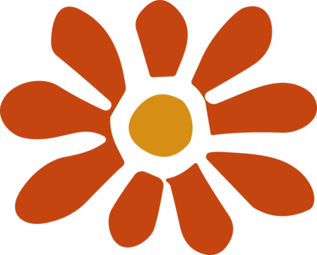 A simple retro-style orange daisy with eight rounded petals and a warm yellow center in flat minimal design.