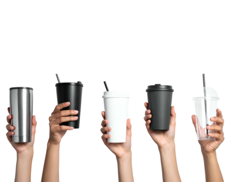 Human hands holding various beverage containers against a black background