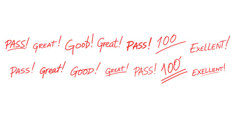 Grading Success with Red Ink Pass Great Good Excellent and Perfect Score of 100 on White Paper