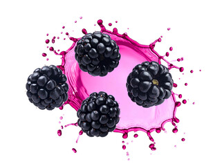 Four ripe blackberries surrounding a splash of vibrant magenta liquid on a black background