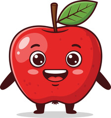 Cute happy red apple character with big eyes and smiling mouth fun fruit design isolated on transparent background