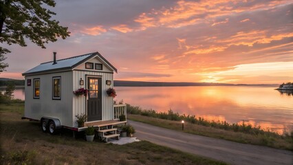 Obraz premium A tiny house on a trailer near a lake at sunset with a beautiful sky view