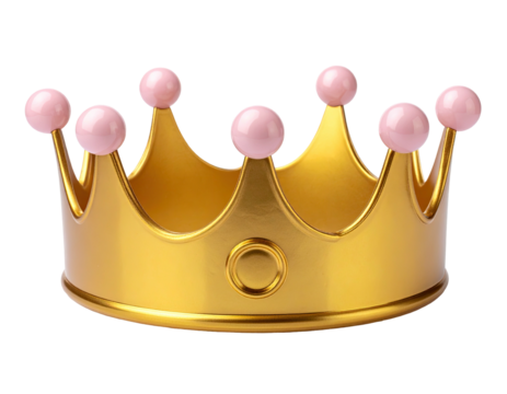 A shiny golden crown featuring several raised tips each topped with a small pink orb