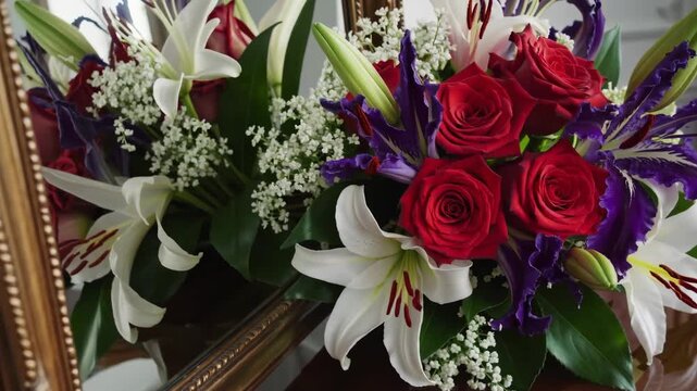 This captivating display showcases a beautiful floral arrangement featuring red roses, purple irises, and white lilies on a polished surface. The arrangement reflects stunning colors and forms