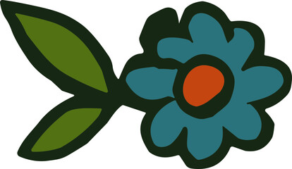 A retro-style blue flower with an orange center and two green leaves, outlined in dark green with a bold flat aesthetic