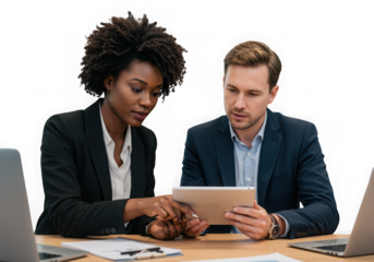 Two professionals collaborating on a tablet isolated on transparent background