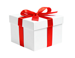 Obraz premium Square white present box tied with a vibrant red satin ribbon and bow, isolated on black