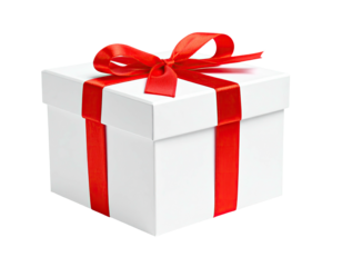 Square white present box tied with a vibrant red satin ribbon and bow, isolated on black