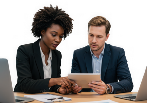 Two professionals collaborating on a tablet isolated on transparent background