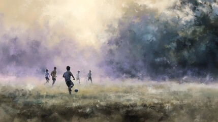 Fototapeta premium Young boys playing soccer in a vast atmospheric field under a hazy painterly sky with soft pastel tones