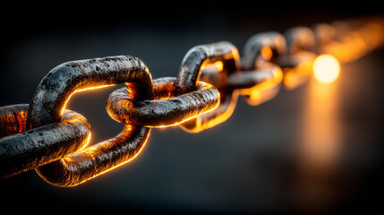 Obraz premium Close up of weathered metal chain with glowing warm light reflection and blurred background emphasizing durability and strength in industrial metalwork