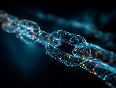 Digital chain link made of interconnected glowing lines and nodes representing blockchain technology, cybersecurity, digital security, and virtual connections