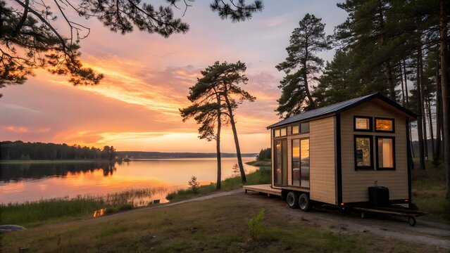 A tiny house on wheels near a lake at sunset with trees and colorful sky view