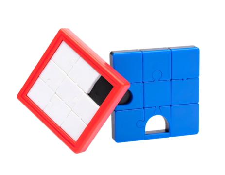 Red and white square puzzle being placed against a partially assembled blue puzzle