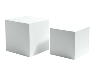 Two plain, white cubic shapes on a black background, one larger than the other
