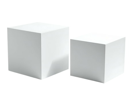 Two plain, white cubic shapes on a black background, one larger than the other