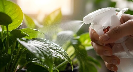 A person sprays water on lush green plant leaves, promoting healthy growth and indoor gardening in a bright, natural light setting.