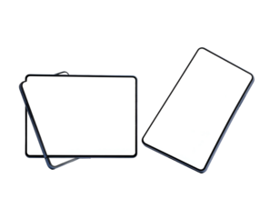 Two rectangular white screens with dark frames, on a black background