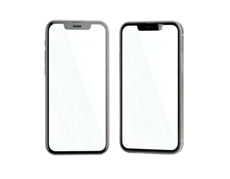 Two identical smartphones with blank white screens, angled and upright, against black background