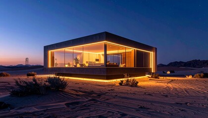 Obraz premium Contemporary Desert Retreat: Illuminated by warm light, this modern property with sleek architecture offers a serene refuge amidst the golden sands of the desert.
