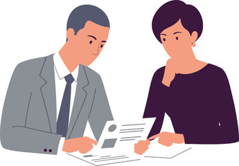 Two professionals examining documents together for business collaboration and decision making isolated on transparent background