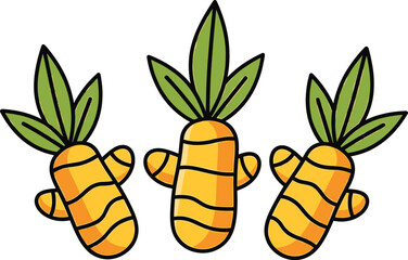 Three Cartoon Carrots with Green Leaves and Happy Faces vegetable food
